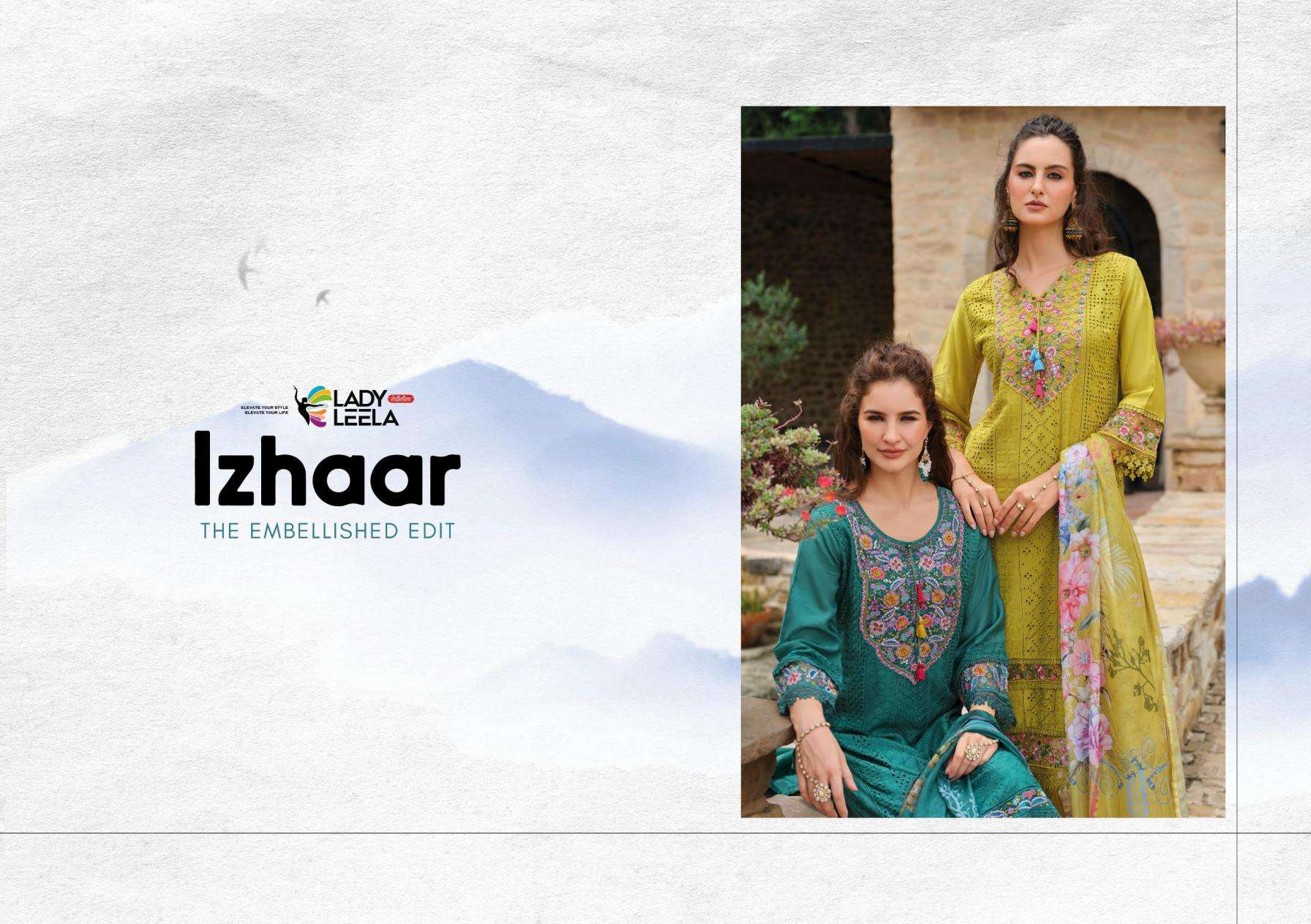 LADY LEELA PRESENTS IZHAAR READYMADE EXCLUSIVE MUSLIN SCHIFLI WORK 3PCS DRESS CATALOG WHOLESALER AND EXORTER IN SURAT