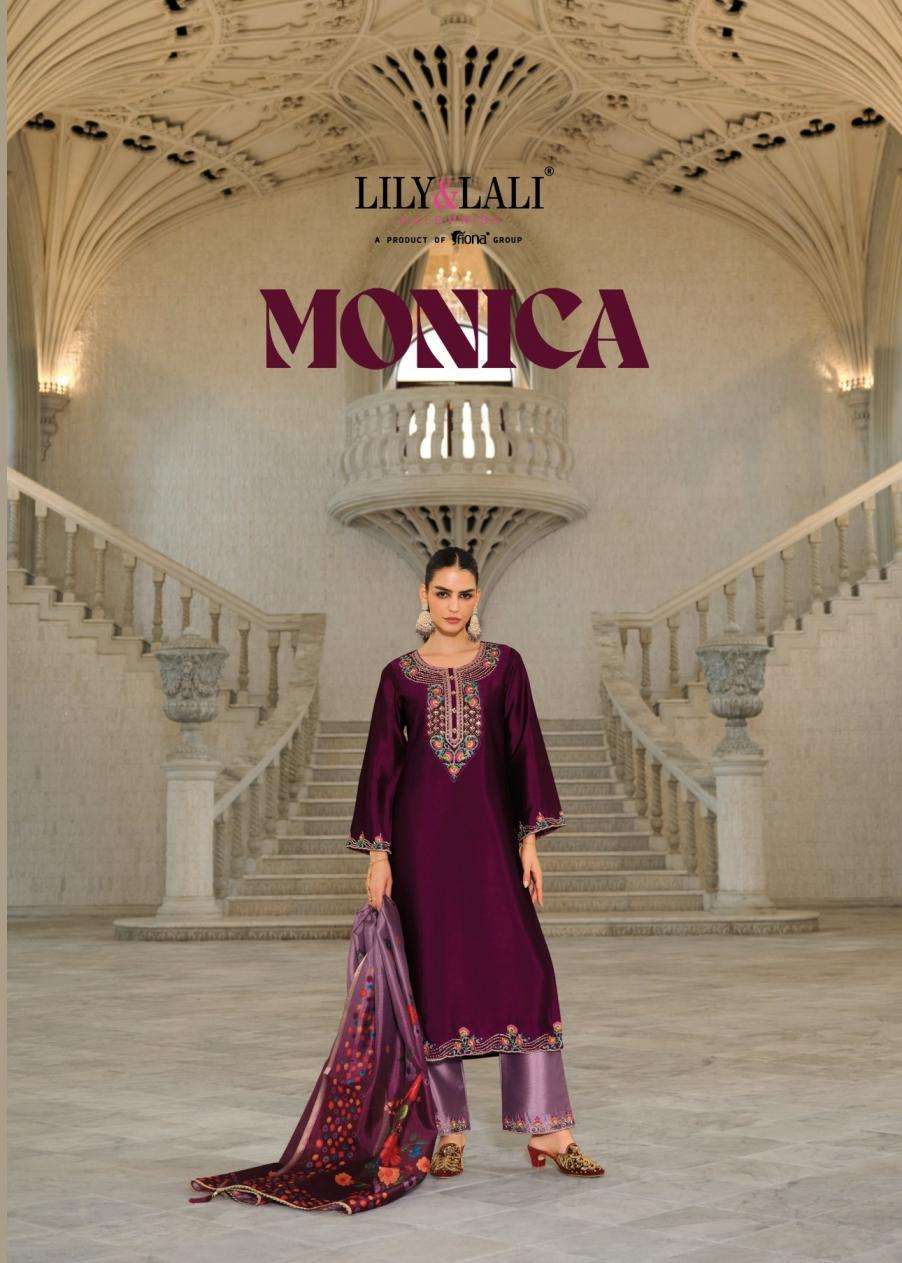 Lily & Lali Presents Monica Exclusive Silk Full Stitch 3pcs Catalog Wholesaler And Exporter In Surat 