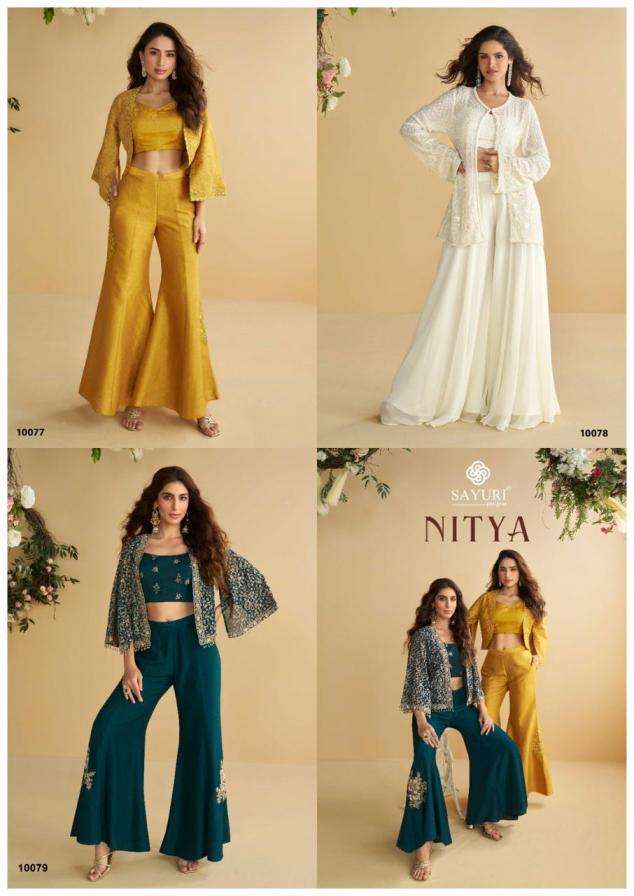 sayuri designer nitya silk georgette readymade trendy western 3pcs dress catalog wholesaler and exporter in surat