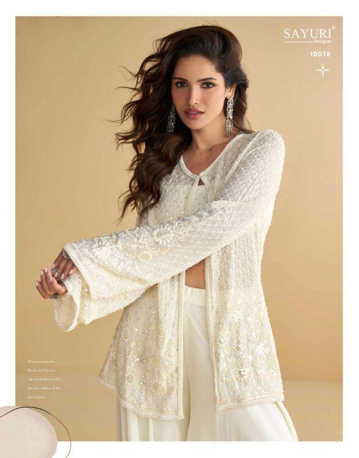 sayuri designer nitya silk georgette readymade trendy western 3pcs dress catalog wholesaler and exporter in surat