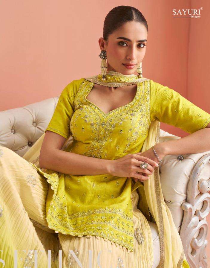 SAYURI DESIGNER PRESENTS BARKHA EXCLUSIVE READYMADE CHINON SILK PLAZZO SUITS CATALOG WHOLESALER AND EXPORTER IN SURAT