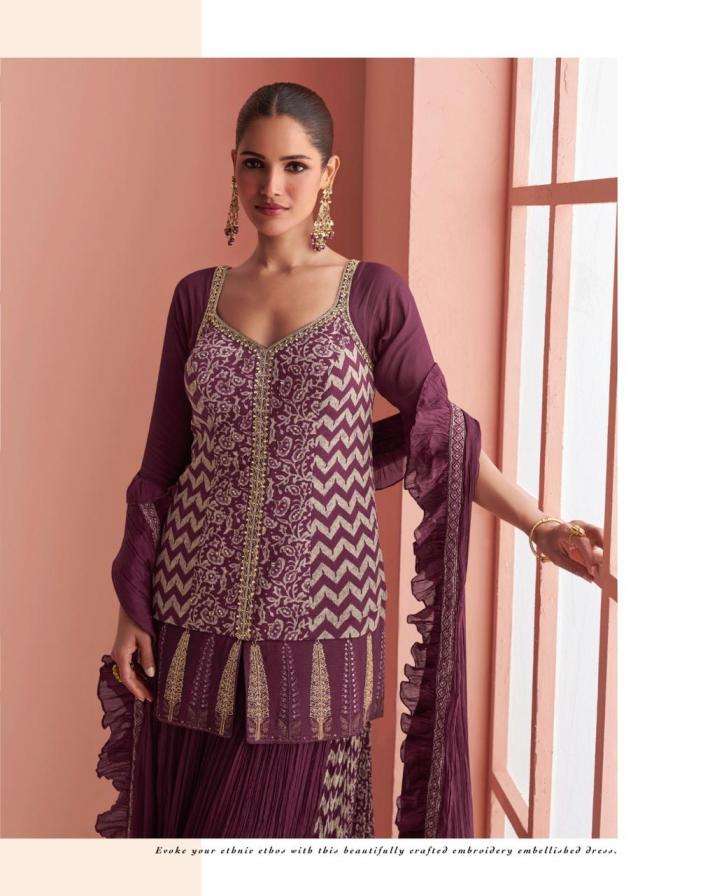 SAYURI DESIGNER PRESENTS BARKHA EXCLUSIVE READYMADE CHINON SILK PLAZZO SUITS CATALOG WHOLESALER AND EXPORTER IN SURAT