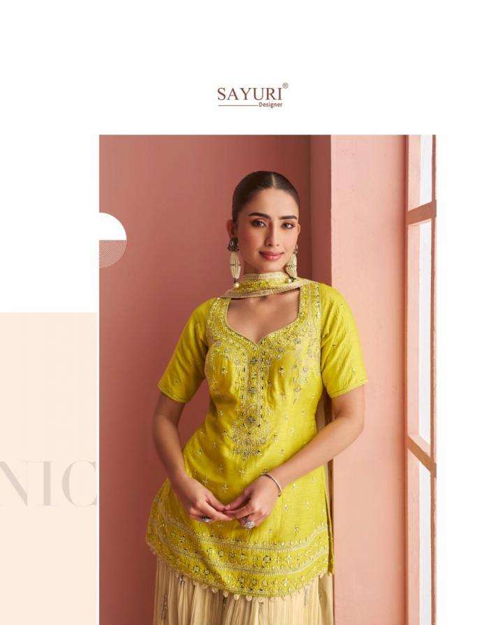 SAYURI DESIGNER PRESENTS BARKHA EXCLUSIVE READYMADE CHINON SILK PLAZZO SUITS CATALOG WHOLESALER AND EXPORTER IN SURAT