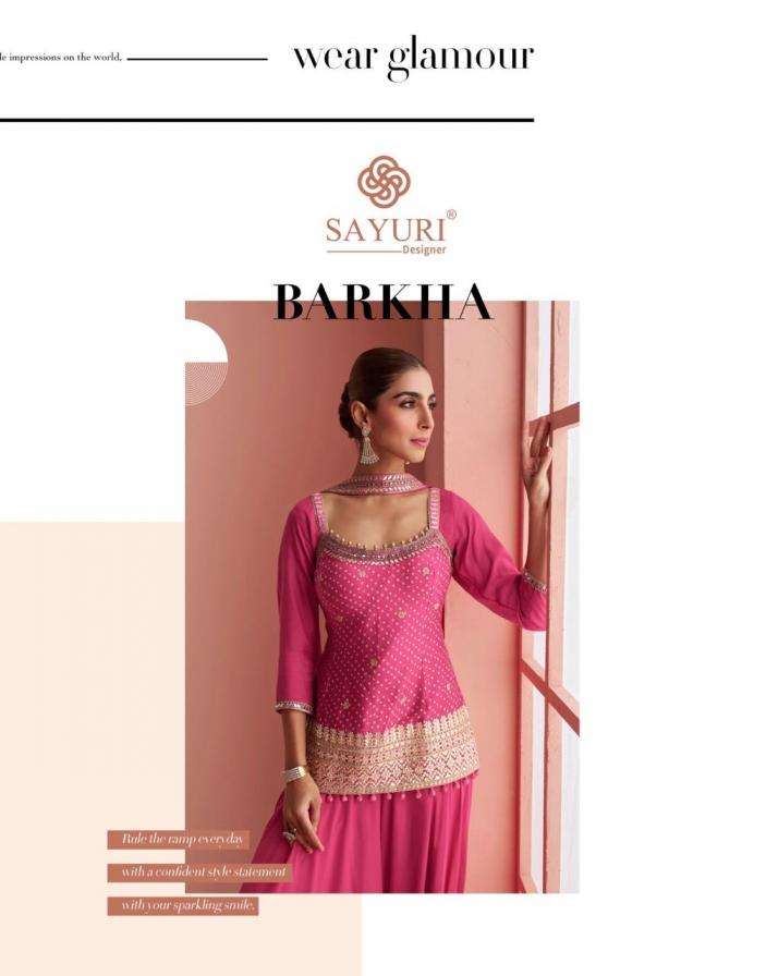 SAYURI DESIGNER PRESENTS BARKHA EXCLUSIVE READYMADE CHINON SILK PLAZZO SUITS CATALOG WHOLESALER AND EXPORTER IN SURAT