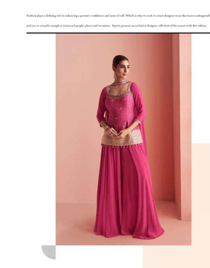 SAYURI DESIGNER PRESENTS BARKHA EXCLUSIVE READYMADE CHINON SILK PLAZZO SUITS CATALOG WHOLESALER AND EXPORTER IN SURAT