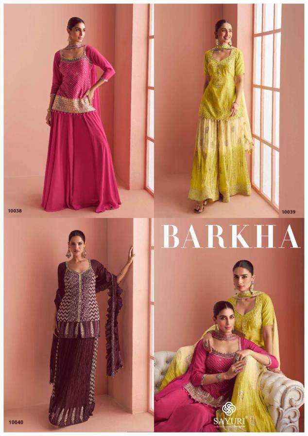SAYURI DESIGNER PRESENTS BARKHA EXCLUSIVE READYMADE CHINON SILK PLAZZO SUITS CATALOG WHOLESALER AND EXPORTER IN SURAT