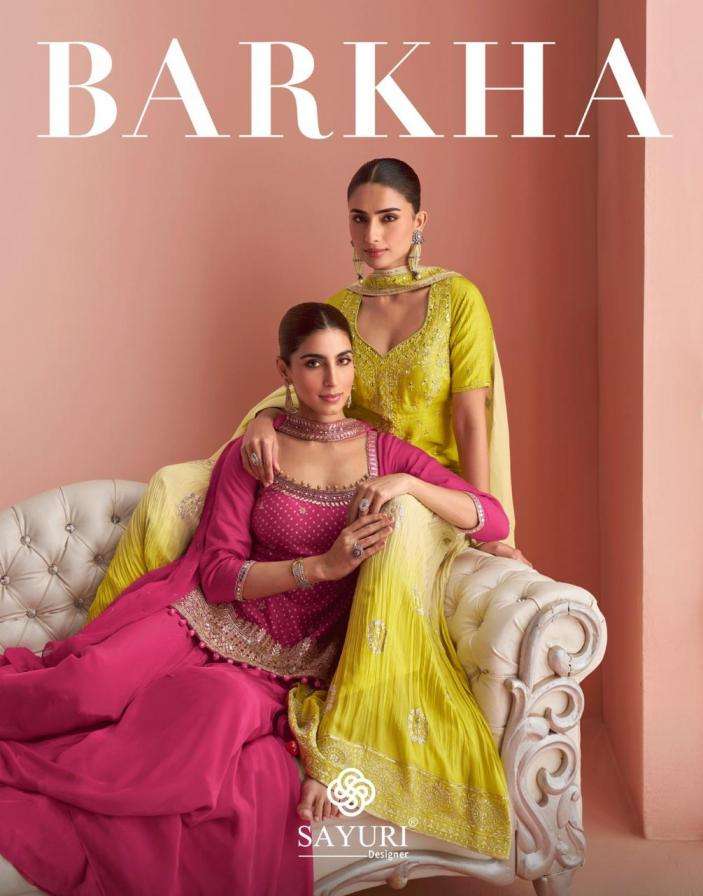 SAYURI DESIGNER PRESENTS BARKHA EXCLUSIVE READYMADE CHINON SILK PLAZZO SUITS CATALOG WHOLESALER AND EXPORTER IN SURAT