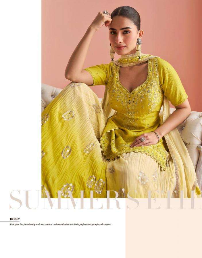 SAYURI DESIGNER PRESENTS BARKHA EXCLUSIVE READYMADE CHINON SILK PLAZZO SUITS CATALOG WHOLESALER AND EXPORTER IN SURAT