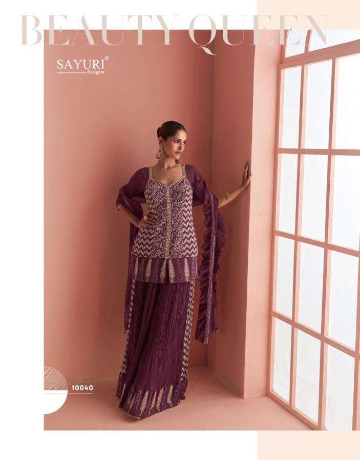 SAYURI DESIGNER PRESENTS BARKHA EXCLUSIVE READYMADE CHINON SILK PLAZZO SUITS CATALOG WHOLESALER AND EXPORTER IN SURAT
