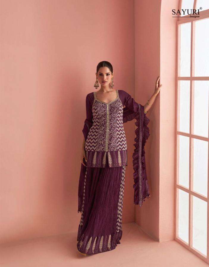 SAYURI DESIGNER PRESENTS BARKHA EXCLUSIVE READYMADE CHINON SILK PLAZZO SUITS CATALOG WHOLESALER AND EXPORTER IN SURAT