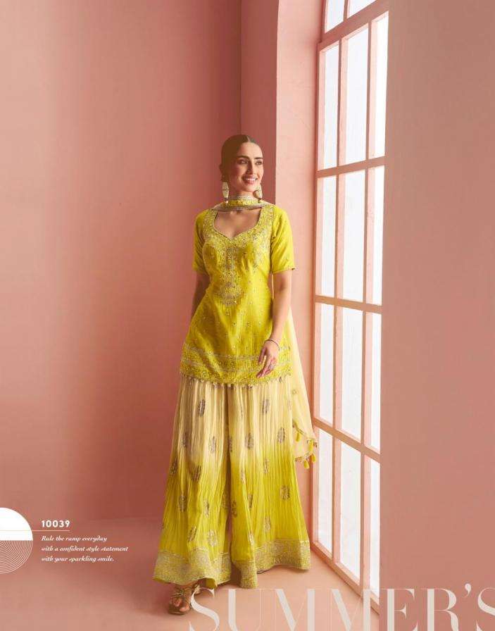 SAYURI DESIGNER PRESENTS BARKHA EXCLUSIVE READYMADE CHINON SILK PLAZZO SUITS CATALOG WHOLESALER AND EXPORTER IN SURAT