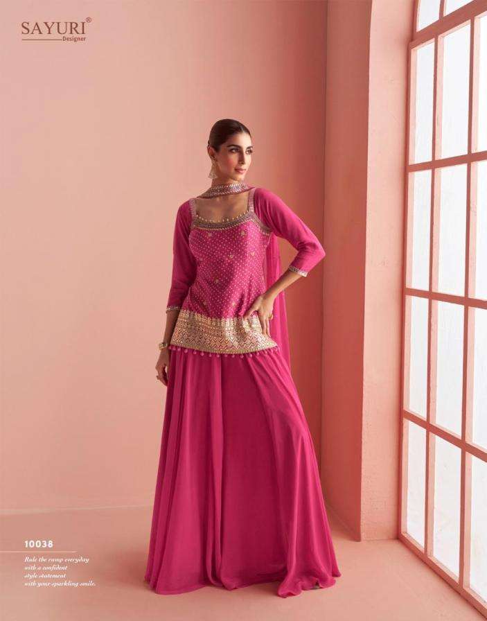 SAYURI DESIGNER PRESENTS BARKHA EXCLUSIVE READYMADE CHINON SILK PLAZZO SUITS CATALOG WHOLESALER AND EXPORTER IN SURAT