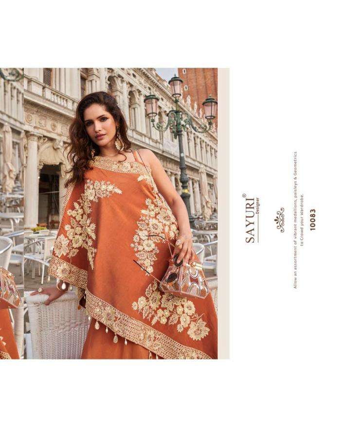 SAYURI DESIGNER PRESENTS CROWN FULLY STITCH PREIMUM CREP PARTY WEAR SUITS CATALOG WHOLESALER AND EXPORTER 