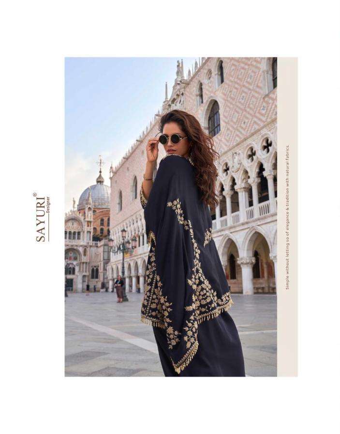 SAYURI DESIGNER PRESENTS CROWN FULLY STITCH PREIMUM CREP PARTY WEAR SUITS CATALOG WHOLESALER AND EXPORTER 