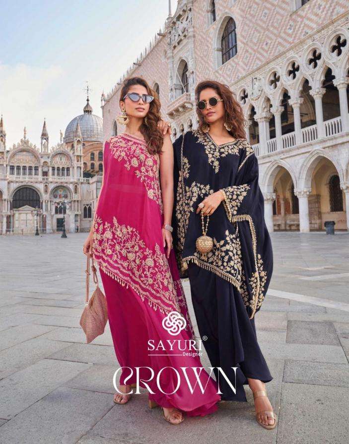 SAYURI DESIGNER PRESENTS CROWN FULLY STITCH PREIMUM CREP PARTY WEAR SUITS CATALOG WHOLESALER AND EXPORTER 