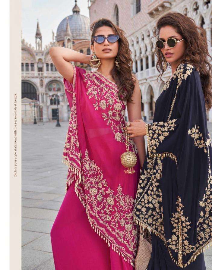 SAYURI DESIGNER PRESENTS CROWN FULLY STITCH PREIMUM CREP PARTY WEAR SUITS CATALOG WHOLESALER AND EXPORTER 
