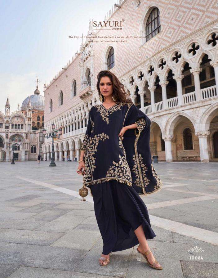 SAYURI DESIGNER PRESENTS CROWN FULLY STITCH PREIMUM CREP PARTY WEAR SUITS CATALOG WHOLESALER AND EXPORTER 