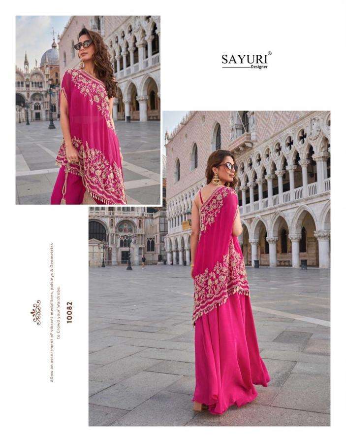 SAYURI DESIGNER PRESENTS CROWN FULLY STITCH PREIMUM CREP PARTY WEAR SUITS CATALOG WHOLESALER AND EXPORTER 