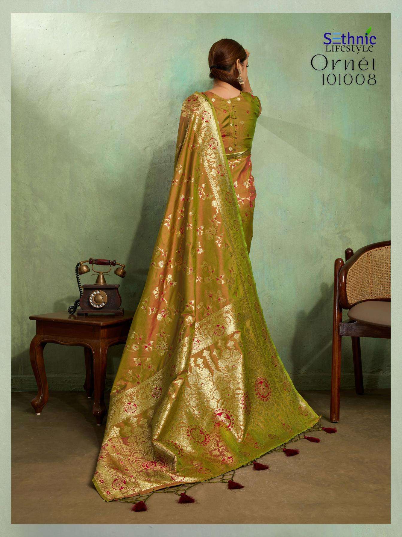 Sethnic Lifestyle Presents Ornet Dual Tone Banarasi Silk Traditional Saree Perfect For Festivals Catalog Wholesaler And Exporter 