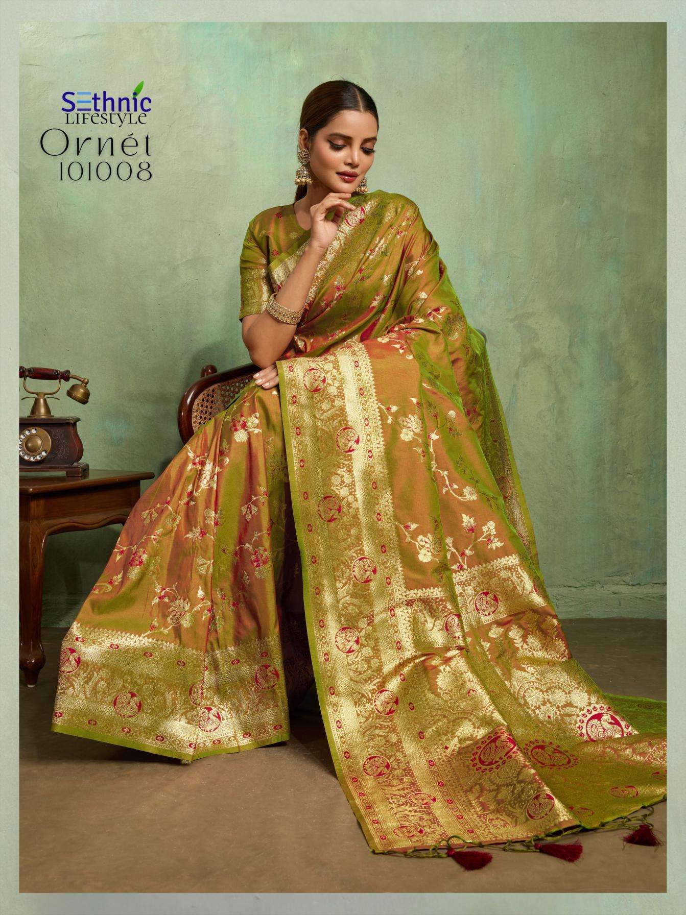 Sethnic Lifestyle Presents Ornet Dual Tone Banarasi Silk Traditional Saree Perfect For Festivals Catalog Wholesaler And Exporter 