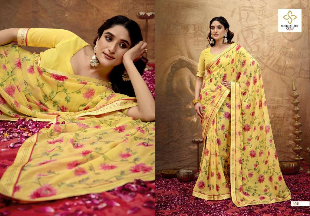 SHUBH SHREE CREATION PRESENTS MISHA WHOLESALE GEORGETTE STUNNING LOOK INDIAN SAREES FOR WOMEN EXPORTER