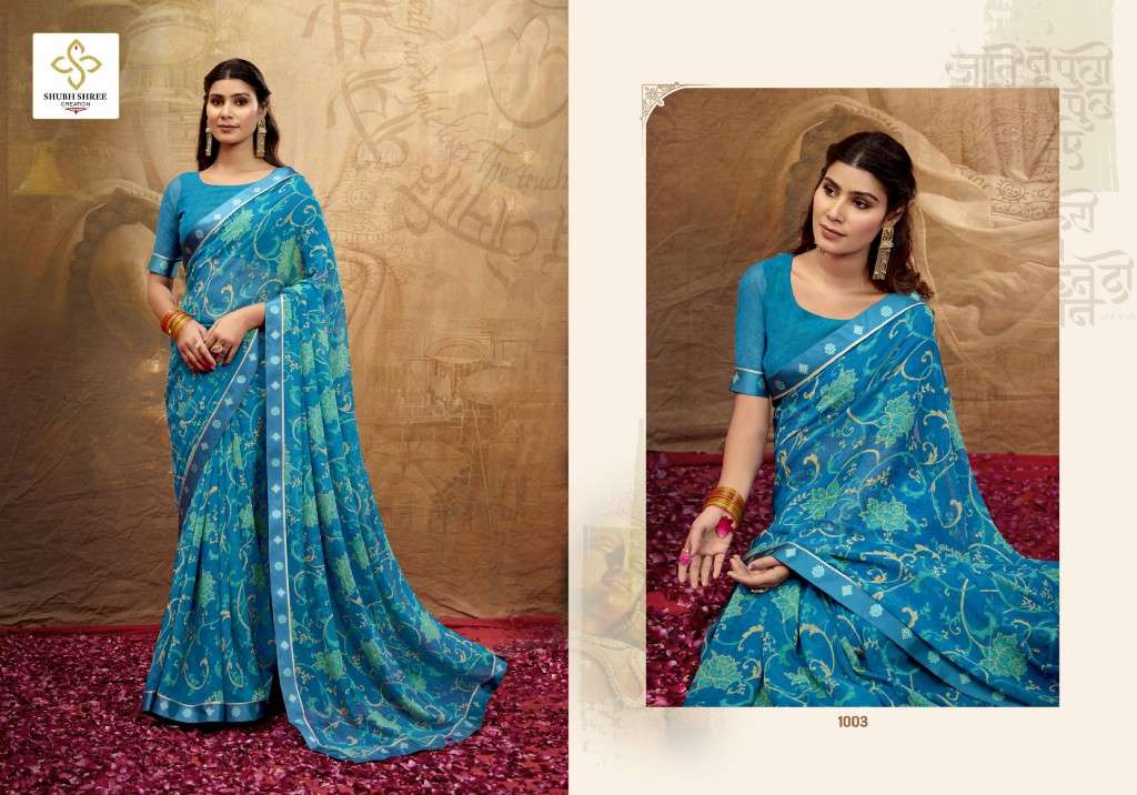 SHUBH SHREE CREATION PRESENTS MISHA WHOLESALE GEORGETTE STUNNING LOOK INDIAN SAREES FOR WOMEN EXPORTER