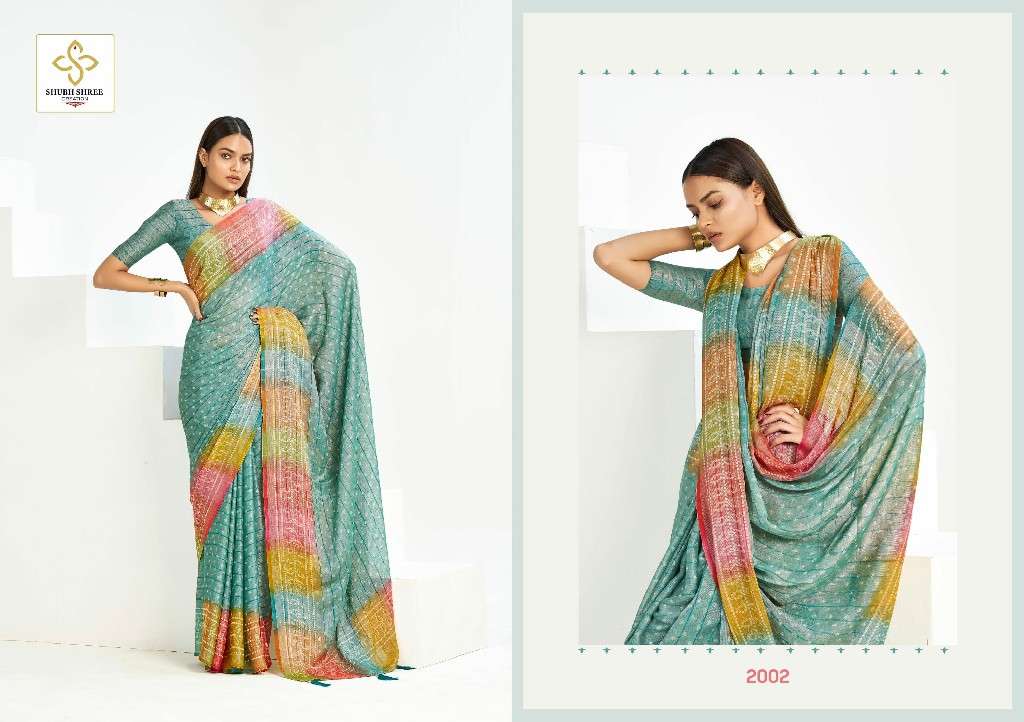 SHUBH SHREE CREATION PRESENTS SANDHIYA VOL-2 WHOLESALE CHIFFON CHEQS BRASSO FANCY INDIAN SAREES CATALOG WHOLESALER AND EXPORTER 