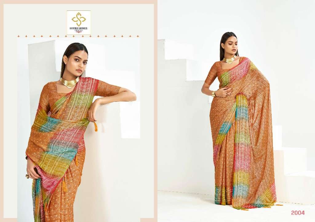 SHUBH SHREE CREATION PRESENTS SANDHIYA VOL-2 WHOLESALE CHIFFON CHEQS BRASSO FANCY INDIAN SAREES CATALOG WHOLESALER AND EXPORTER 