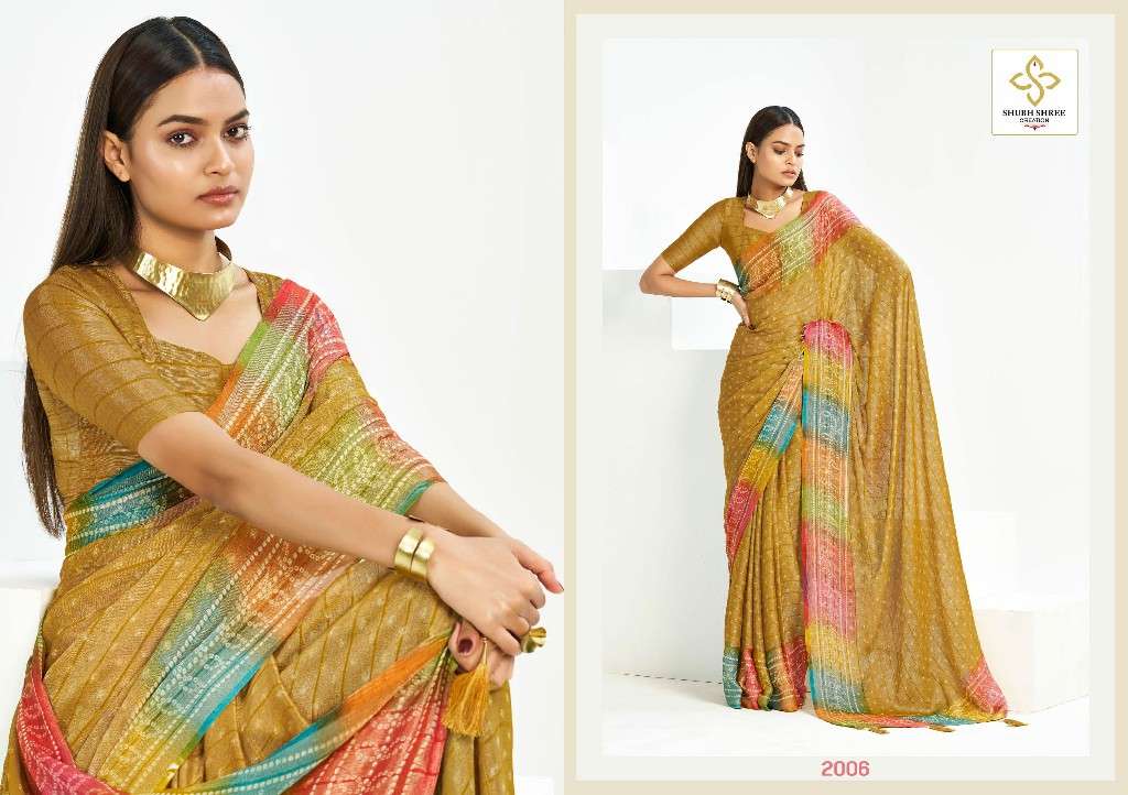 SHUBH SHREE CREATION PRESENTS SANDHIYA VOL-2 WHOLESALE CHIFFON CHEQS BRASSO FANCY INDIAN SAREES CATALOG WHOLESALER AND EXPORTER 