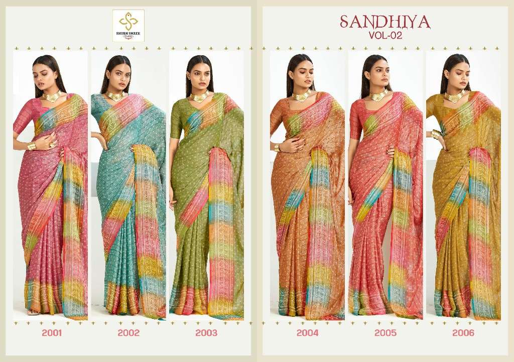SHUBH SHREE CREATION PRESENTS SANDHIYA VOL-2 WHOLESALE CHIFFON CHEQS BRASSO FANCY INDIAN SAREES CATALOG WHOLESALER AND EXPORTER 