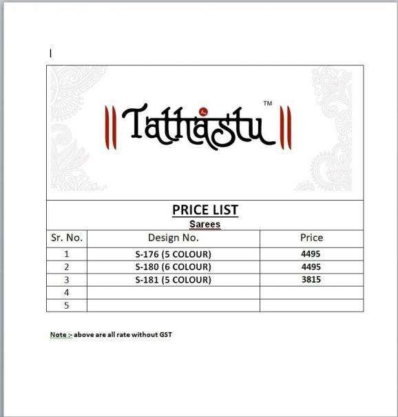 Tathastu Presents 176-180-181 Colors Fancy Occasion Wear Saree For Womens Catalog Wholesaler And Exporter In Surat