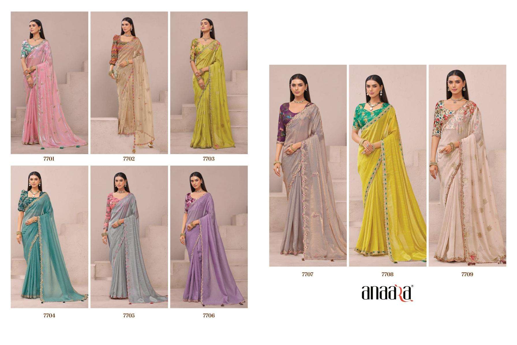 Tathastu Presents Anaara 7701-7709 Fancy Exclusive Designer Sarees For Every Occasion Catalog Wholesaler And Exporter In Surat