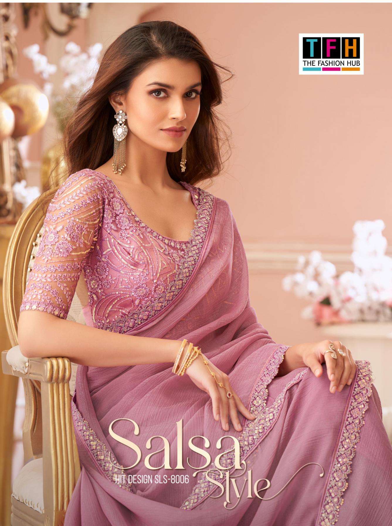 tfh presents salsa style 8006 crystal georgette party wear sarees catalog