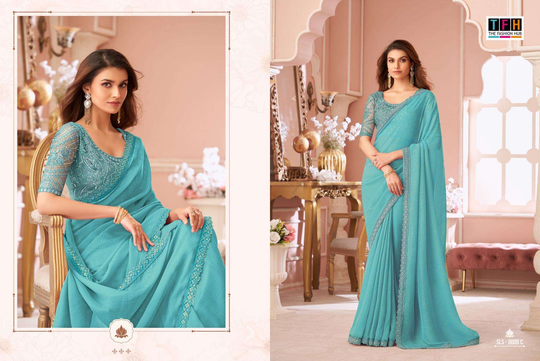 tfh presents salsa style 8006 crystal georgette party wear sarees catalog
