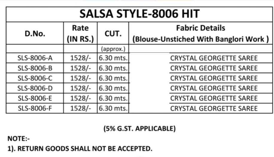 tfh presents salsa style 8006 crystal georgette party wear sarees catalog