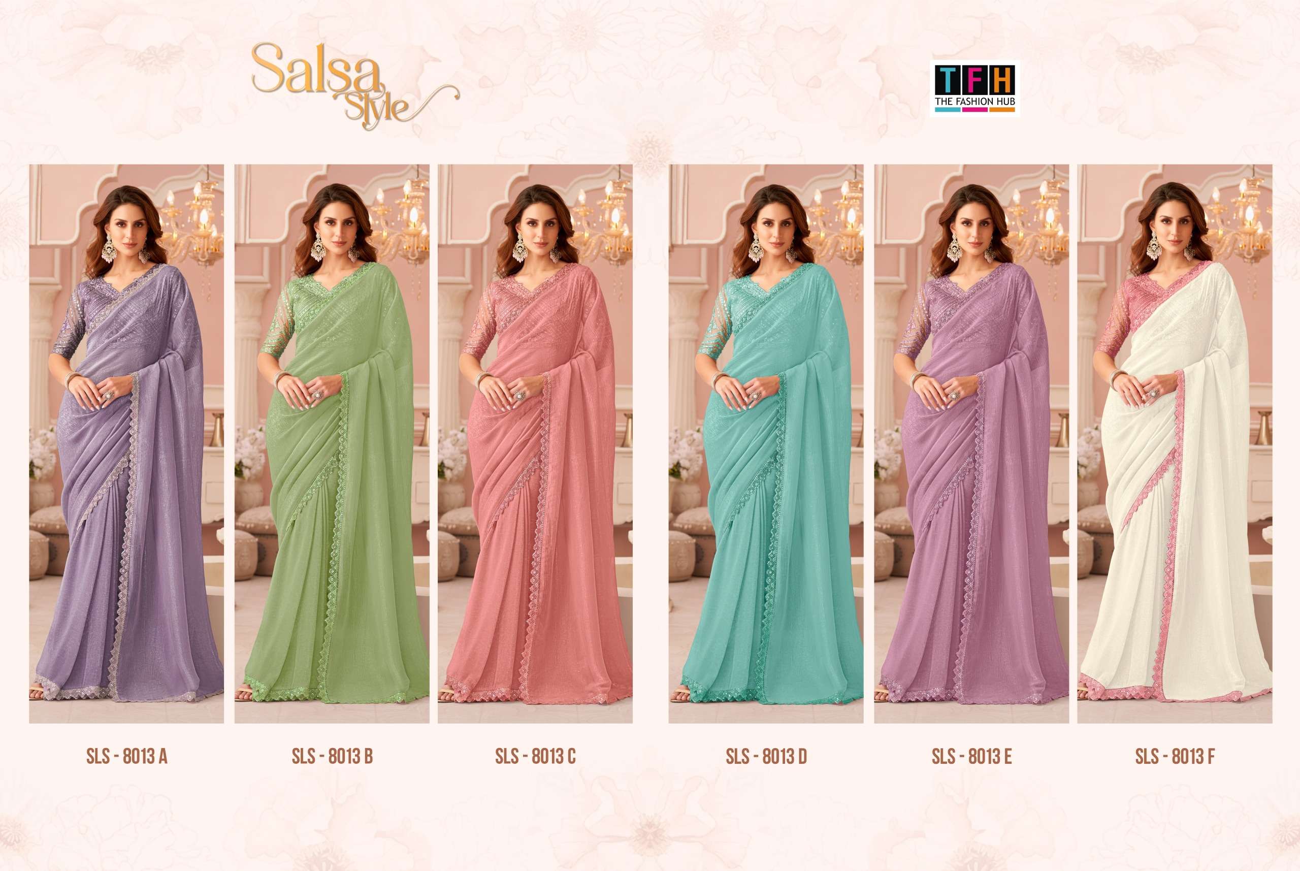 TFH PRESENTS SALSA STYLE 8013 HIT COLORS DESIGNER PARTY WEAR SAREES CATALOG WHOLESALER AND EXPORTER 