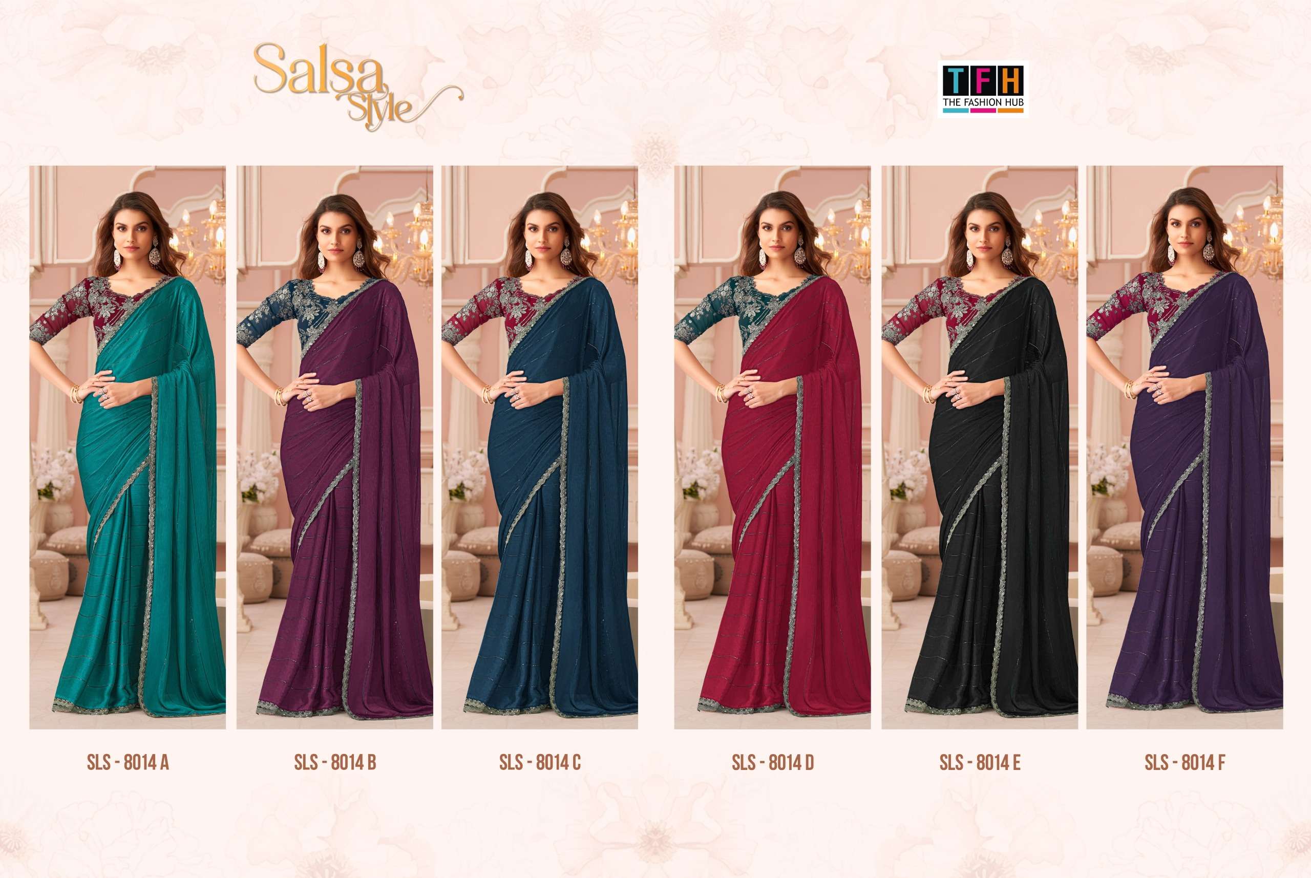 TFH PRESENTS SALSA STYLE 8014 HIT COLORS DESIGNER PARTY WEAR SAREES CATALOG WHOLESALER AND EXPORTER 