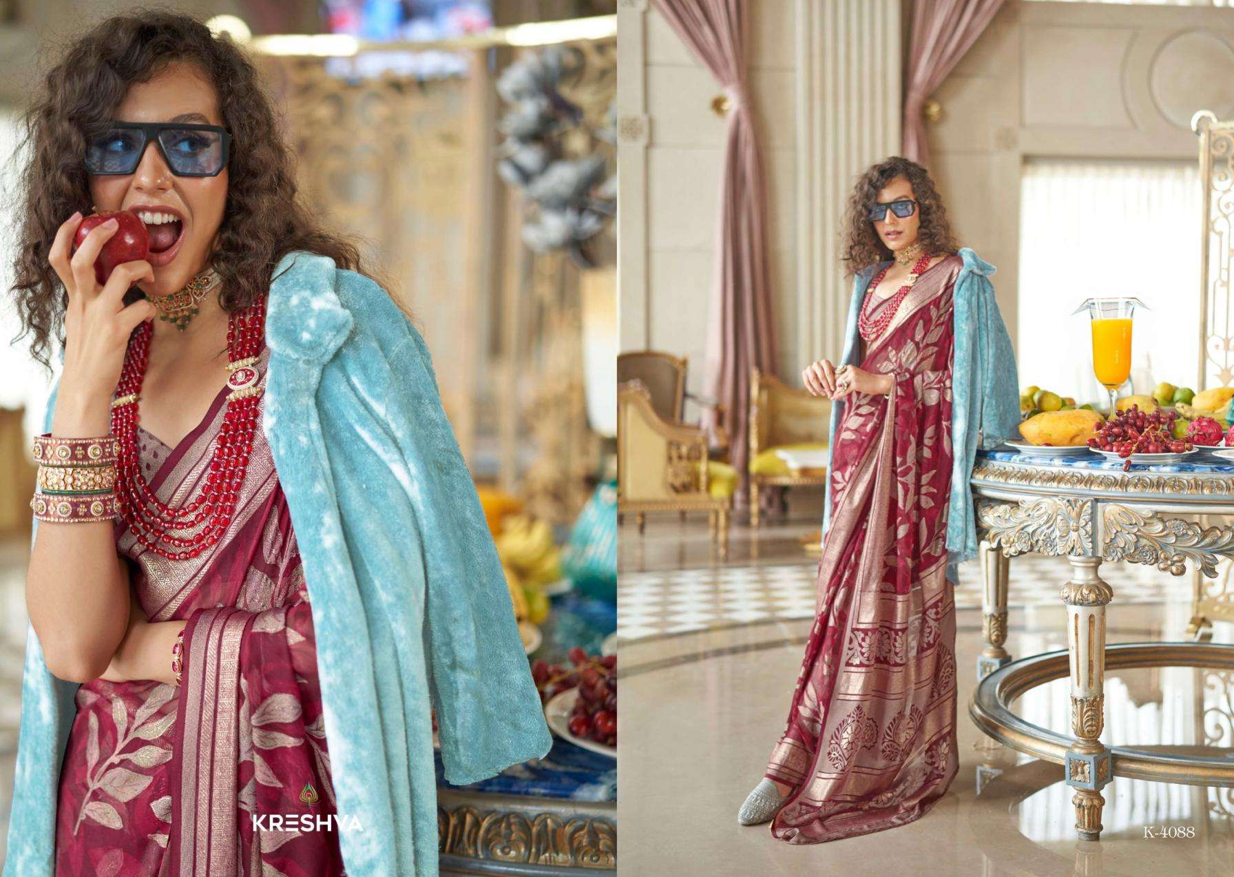 kreshva presents the moments georgette shop trendy sarees catalog