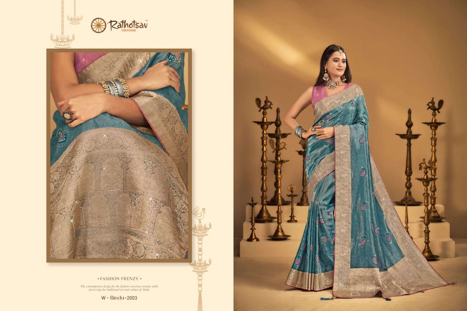 RATHOTSAV BY RAJGURU PRESENTS BINDU FANCY WEDDING WEAR SAREES CATALOG WHOLESALER AND EXPORTER IN SURAT