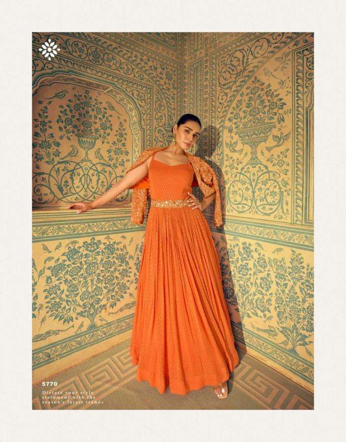 Sayuri Designer Presents Karishma Full Stitch Viscose Simar Jacquard Silk Anarkali Gowns With Jackets Catalog Wholesaler
