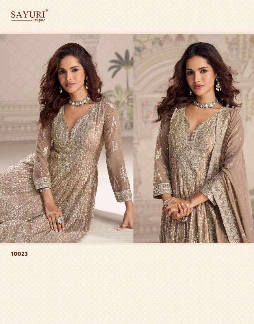 sayuri designer presents saboori georgette readymade designer gown with dupatta catalog collection