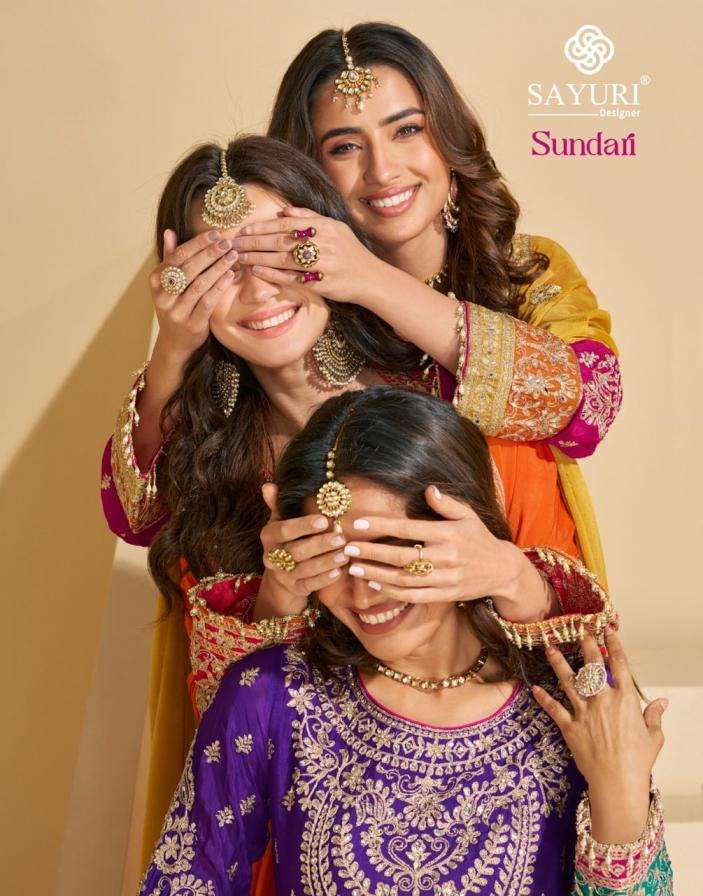 Sayuri Designer Presents Sundari Exclusive Chinon Silk Full Stitch Party Wear Plazzo Style Suits Catalog Wholesaler And Exporter 