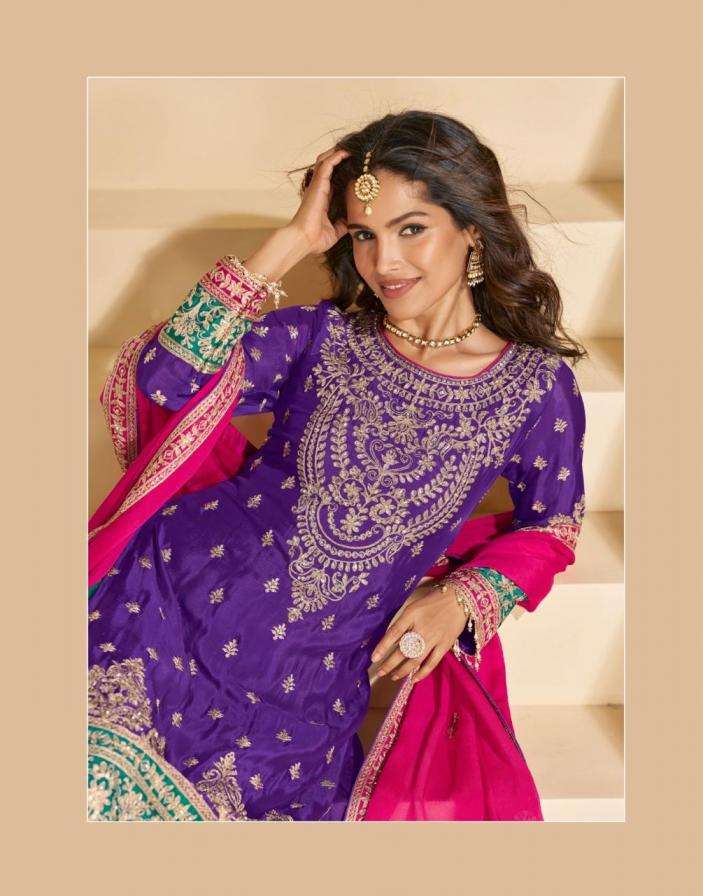 Sayuri Designer Presents Sundari Exclusive Chinon Silk Full Stitch Party Wear Plazzo Style Suits Catalog Wholesaler And Exporter 