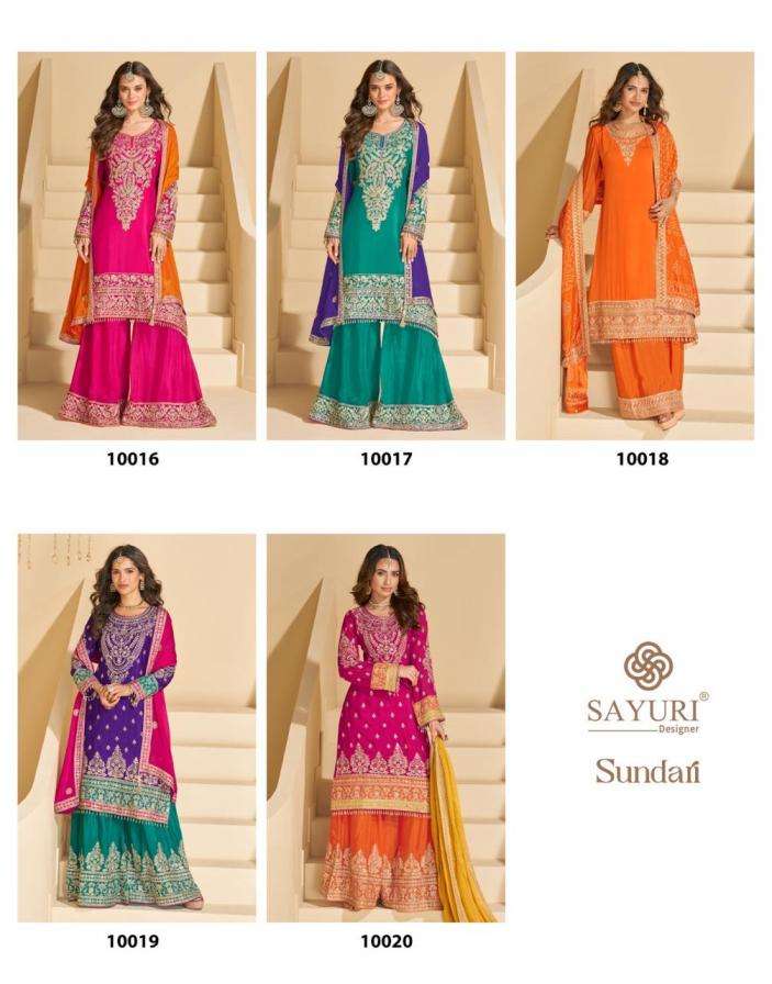Sayuri Designer Presents Sundari Exclusive Chinon Silk Full Stitch Party Wear Plazzo Style Suits Catalog Wholesaler And Exporter 