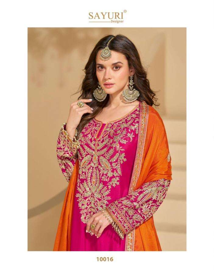 Sayuri Designer Presents Sundari Exclusive Chinon Silk Full Stitch Party Wear Plazzo Style Suits Catalog Wholesaler And Exporter 