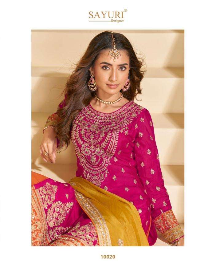 Sayuri Designer Presents Sundari Exclusive Chinon Silk Full Stitch Party Wear Plazzo Style Suits Catalog Wholesaler And Exporter 
