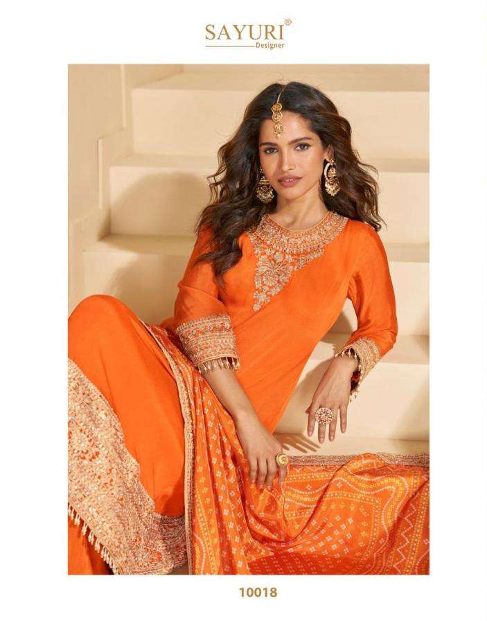 Sayuri Designer Presents Sundari Exclusive Chinon Silk Full Stitch Party Wear Plazzo Style Suits Catalog Wholesaler And Exporter 