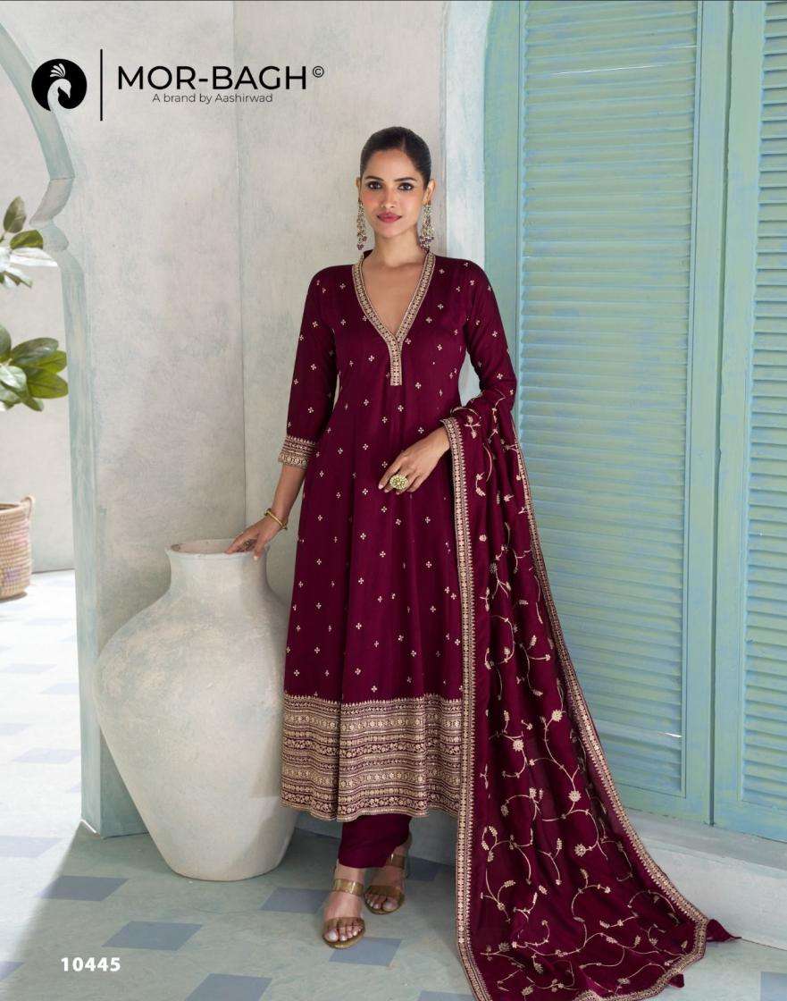 Aashirwad Presents Mor-Bagh Vihanika Traditional Silk Full Stitch Gown style Suits Catalog Wholesaler And Exporter 