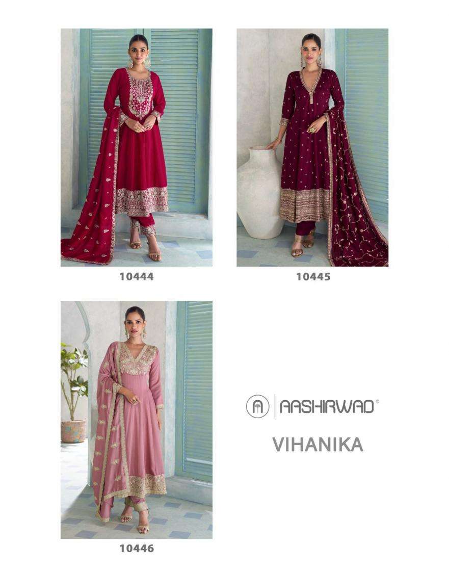 Aashirwad Presents Mor-Bagh Vihanika Traditional Silk Full Stitch Gown style Suits Catalog Wholesaler And Exporter 