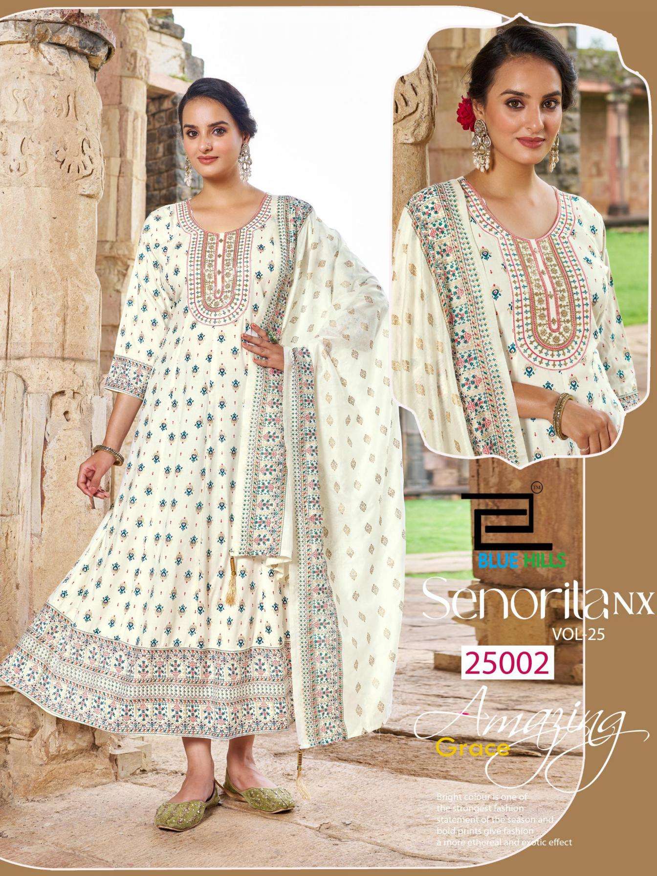 Blue Hills Presents Senorita Nx 25 Rayon Readymade Stylish Big Size Anarkali Combo Gown With Dupatta Catalog Wholesaler And Exporter 